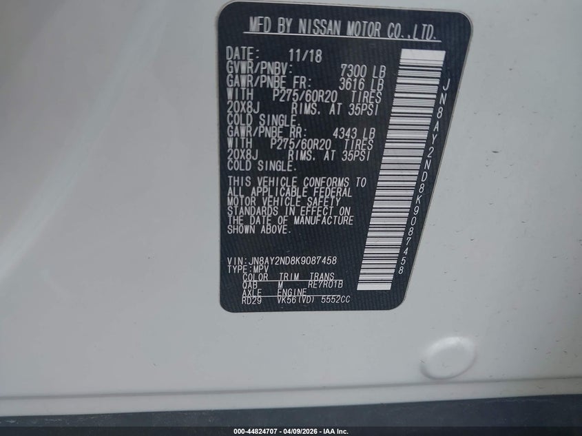 2019 Nissan Armada VIN JN8AY2ND8K9087458 IAAI salvage auction — FRONT END, Original (Texas), sold $6,925 on 2026-07-07 (photo 9)