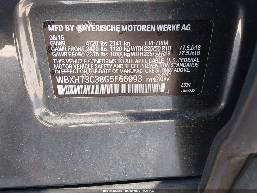 2016 BMW X1 VIN WBXHT3C38G5F66993 IAAI salvage auction — RIGHT FRONT, Salvage Title, sold $2,150 on 2026-07-27 (photo 9)
