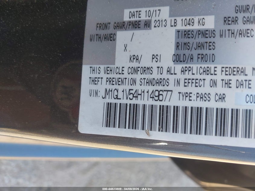 2017 Mazda 6 VIN JM1GL1V54H1149677 IAAI salvage auction — FRONT END, Salvage Title, sold $3,800 on 2026-07-16 (photo 9)