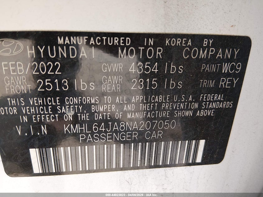 2022 Hyundai Sonata VIN KMHL64JA8NA207050 IAAI salvage auction — FRONT END, Salvage Title, sold $4,500 on 2026-07-09 (photo 9)