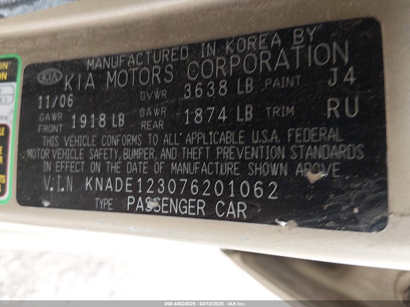 2007 Kia Rio VIN KNADE123076201062 IAAI salvage auction — FRONT END, Salvage (New Mexico), sold $300 on 2026-07-13 (photo 9)