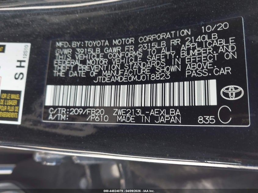 2021 Toyota Corolla VIN JTDEAMDE0MJ018823 IAAI salvage auction — REAR END, Salvage (California), sold $3,650 on 2026-07-29 (photo 9)