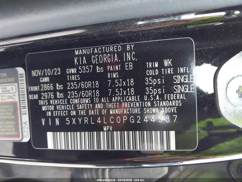 2023 Kia Sorento VIN 5XYRL4LC0PG244537 IAAI salvage auction — FRONT END, Original (Texas), sold $5,550 on 2026-07-21 (photo 9)
