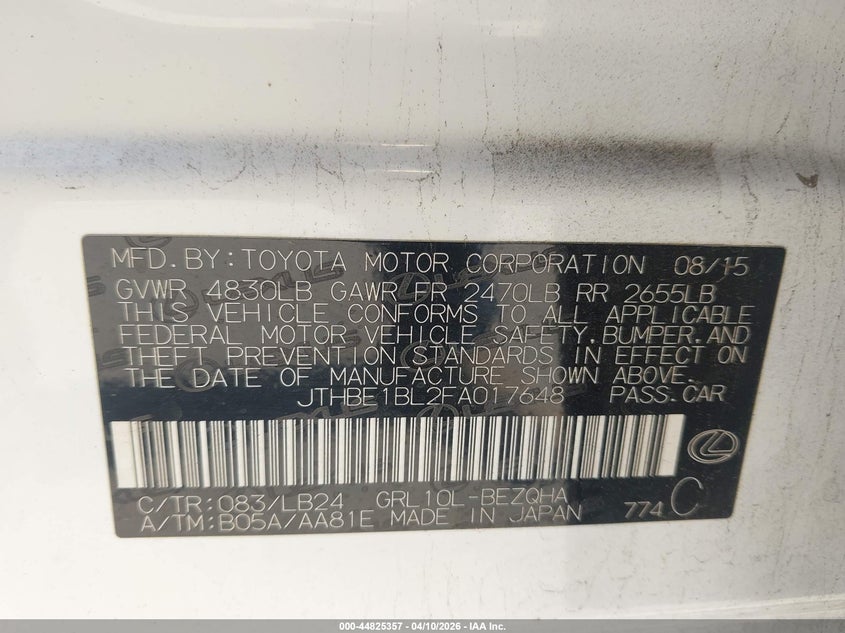 2015 Lexus Gs VIN JTHBE1BL2FA017648 IAAI salvage auction — REAR END, Salvage Title, sold $3,750 on 2026-07-28 (photo 9)