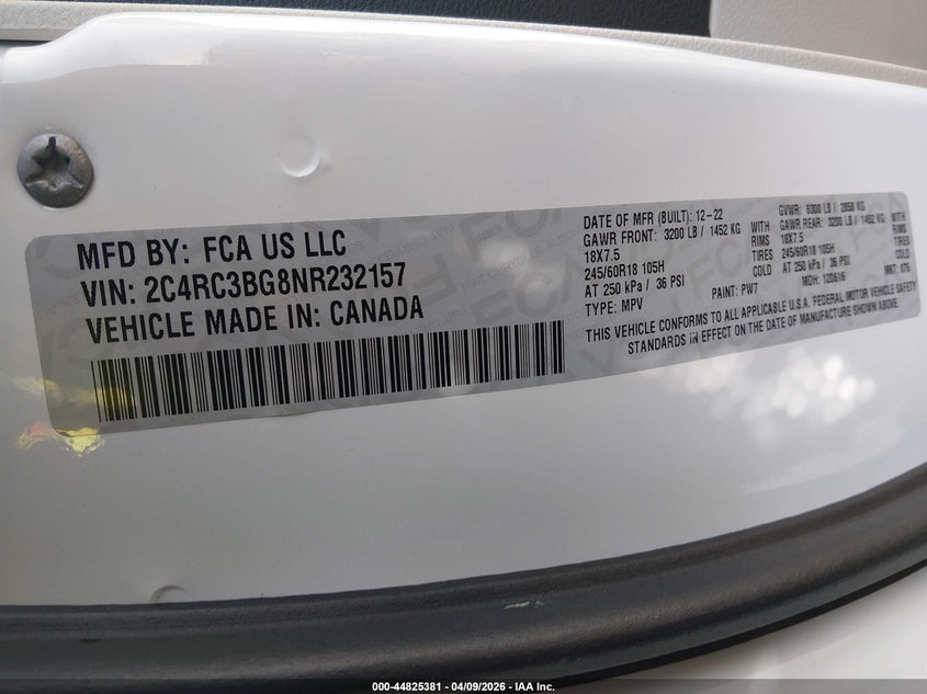 2022 Chrysler Pacifica VIN 2C4RC3BG8NR232157 IAAI salvage auction — REAR END, Salvage (Colorado), sold $8,000 on 2026-07-28 (photo 9)