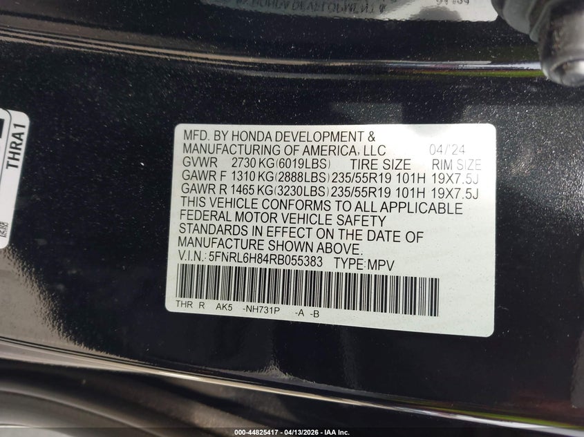 2024 Honda Odyssey VIN 5FNRL6H84RB055383 IAAI salvage auction — SIDE, Salvage (New Jersey), sold $11,300 on 2026-07-31 (photo 9)