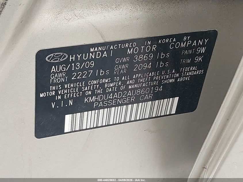 2010 Hyundai Elantra VIN KMHDU4AD2AU860194 IAAI salvage auction — FRONT & REAR, Salvage (California), sold $950 on 2026-09-02 (photo 9)