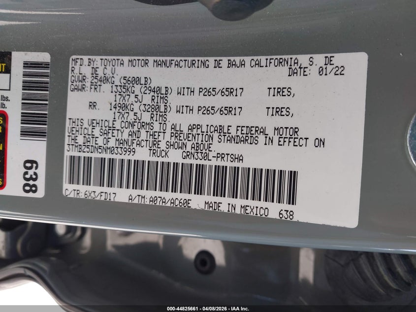 2022 Toyota Tacoma VIN 3TMBZ5DN5NM033999 IAAI salvage auction — THEFT, Clear - Dealer Only (California), sold $19,100 on 2026-07-09 (photo 9)