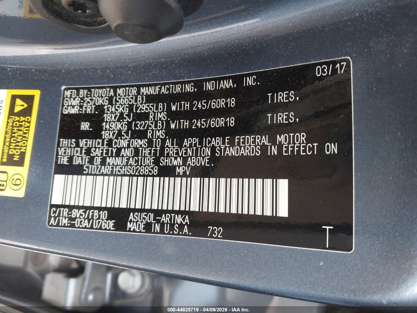 2017 Toyota Highlander VIN 5TDZARFH5HS028858 IAAI salvage auction — FRONT END, Salvage (California), sold $3,400 on 2026-07-19 (photo 9)