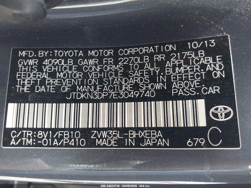 2014 Toyota Prius VIN JTDKN3DP7E3049740 IAAI salvage auction — LEFT SIDE, Salvage Title, sold $4,550 on 2026-07-29 (photo 9)