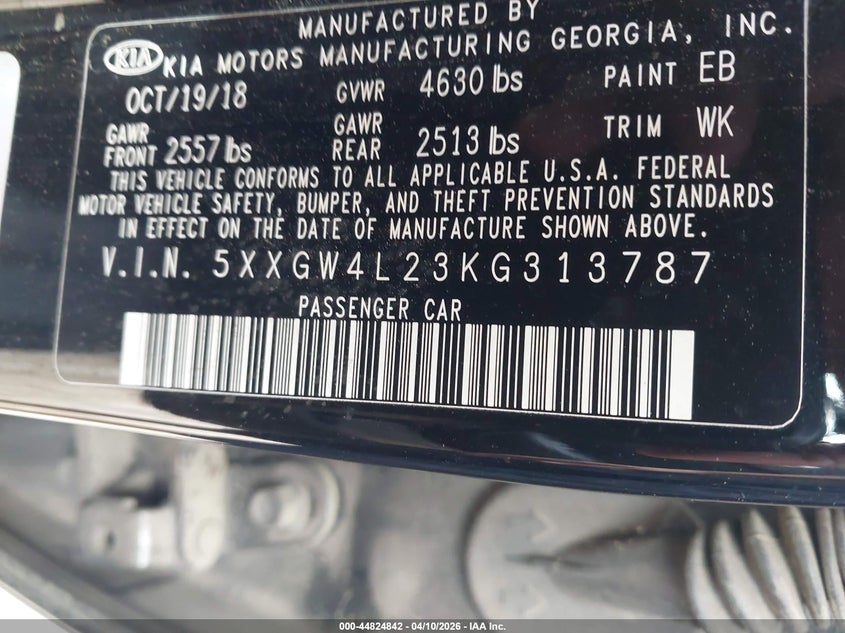 2019 Kia Optima VIN 5XXGW4L23KG313787 IAAI salvage auction — FRONT END, Salvage Title, sold $3,700 on 2026-07-16 (photo 9)