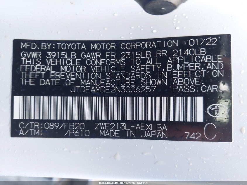 2022 Toyota Corolla VIN JTDEAMDE2N3006257 IAAI salvage auction — WATER/FLOOD, Salvage (Hawaii), sold $3,650 on 2026-07-21 (photo 9)