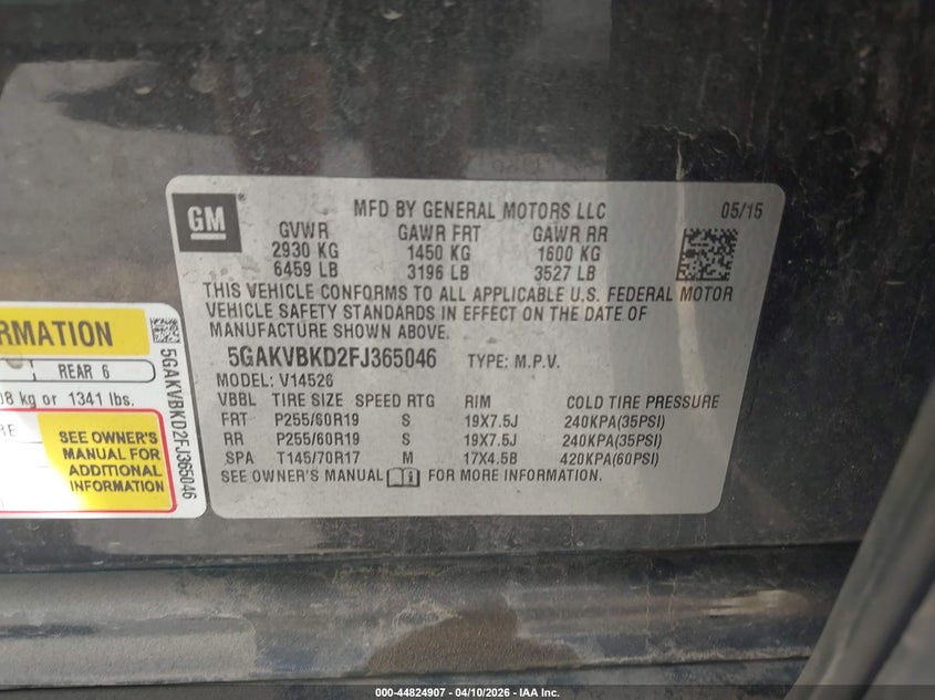 2015 Buick Enclave VIN 5GAKVBKD2FJ365046 IAAI salvage auction — FRONT & REAR, Salvage Title, sold $900 on 2026-07-19 (photo 9)