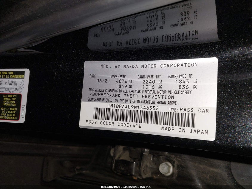 2021 Mazda 3 VIN JM1BPAJL9M1346552 IAAI salvage auction — RIGHT FRONT, Salvage (Oregon), sold $6,650 on 2026-07-09 (photo 9)