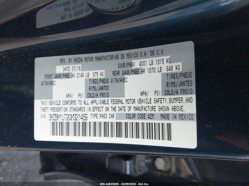 2016 Mazda 3 VIN 3MZBM1U72GM321469 IAAI salvage auction — FRONT END, Salvage Title, sold $1,550 on 2026-07-31 (photo 9)