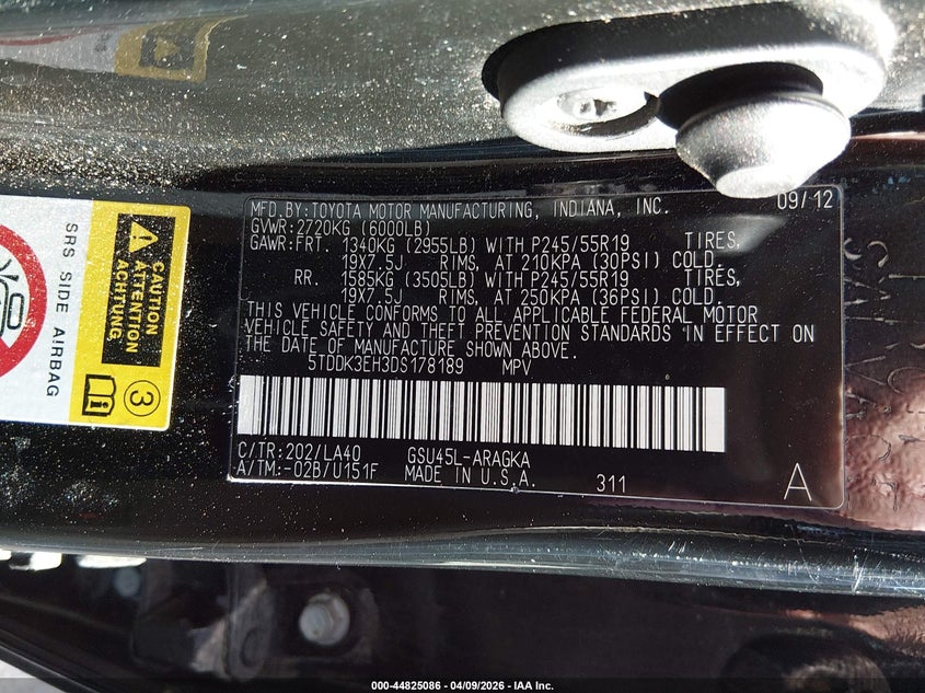 2013 Toyota Highlander VIN 5TDDK3EH3DS178189 IAAI salvage auction — FRONT END, Salvage Title, sold $3,750 on 2026-07-10 (photo 9)