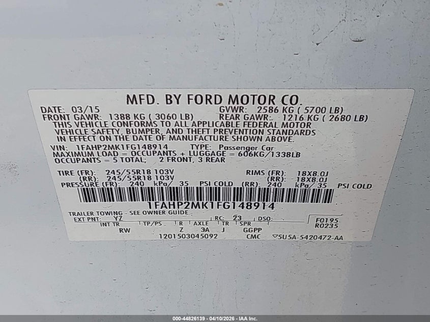 2015 Ford Police VIN 1FAHP2MK1FG148914 IAAI salvage auction — LEFT & RIGHT, Salvage Title, sold $1,200 on 2026-07-21 (photo 9)