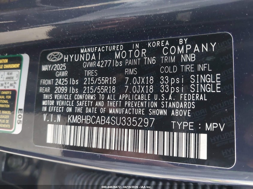 2025 Hyundai Kona VIN KM8HBCAB4SU335297 IAAI salvage auction — FRONT END, Wait Title, sold $5,550 on 2026-07-09 (photo 9)