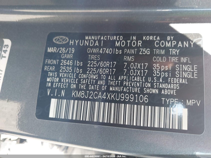 2019 Hyundai Tucson VIN KM8J2CA4XKU999106 IAAI salvage auction — FRONT END, Salvage Title, sold $2,600 on 2026-07-16 (photo 9)