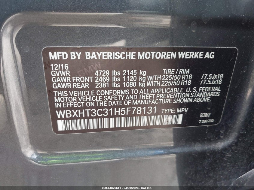 2017 BMW X1 VIN WBXHT3C31H5F78131 IAAI salvage auction — FRONT END, Original (Texas), sold $3,250 on 2026-07-17 (photo 9)