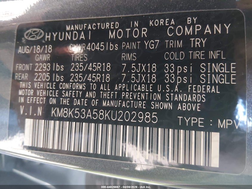 2019 Hyundai Kona VIN KM8K53A58KU202985 IAAI salvage auction — RIGHT FRONT, Salvage (Vermont), sold $2,225 on 2026-07-30 (photo 9)