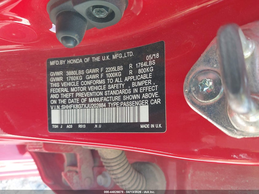 2018 Honda Civic type r VIN SHHFK8G7XJU202884 IAAI salvage auction — HAIL, Wait Title, sold $16,350 on 2026-07-16 (photo 9)