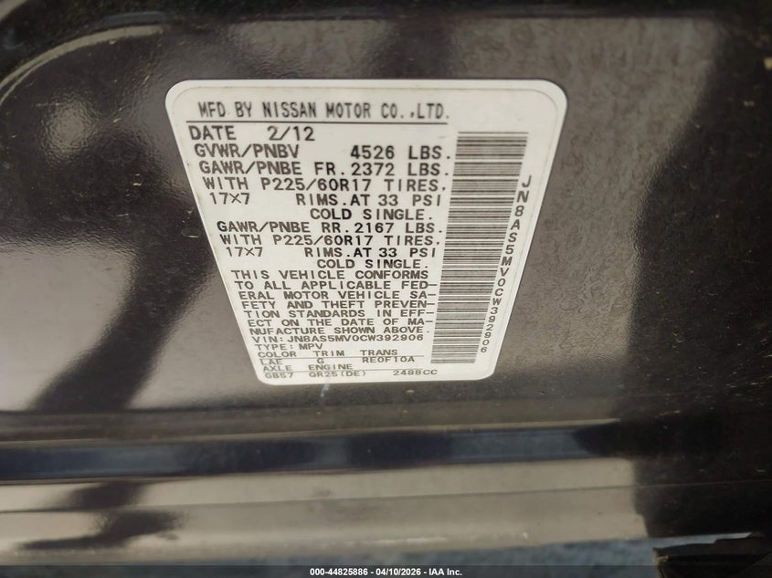 2012 Nissan Rogue VIN JN8AS5MV0CW392906 IAAI salvage auction — FRONT END, Salvage Title, sold $425 on 2026-07-19 (photo 9)