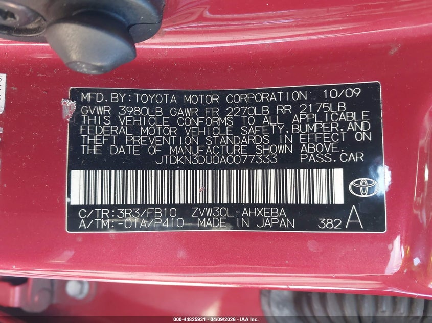 2010 Toyota Prius VIN JTDKN3DU0A0077333 IAAI salvage auction — REAR END, Bill Of Sale (Washington), sold $825 on 2026-07-08 (photo 9)