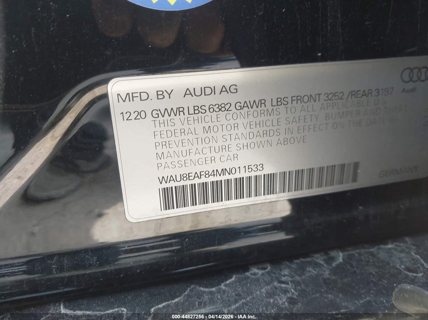 2021 Audi A8 VIN WAU8EAF84MN011533 IAAI salvage auction — FRONT END, Wait Title, sold $12,500 on 2026-07-21 (photo 9)