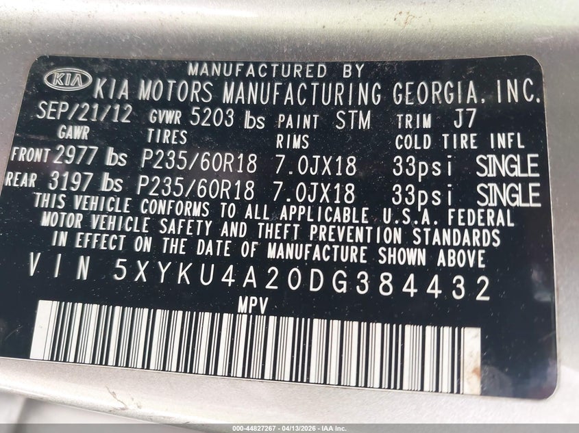 2013 Kia Sorento VIN 5XYKU4A20DG384432 IAAI salvage auction — REPOSSESSION, Wait Title, sold $725 on 2026-07-30 (photo 9)