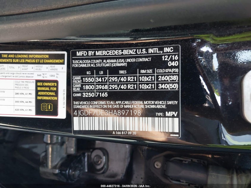 2017 Mercedes-benz Gls-klasse VIN 4JGDF7DE3HA897198 IAAI salvage auction — REAR END, Salvage Title, sold $7,800 on 2026-07-30 (photo 9)