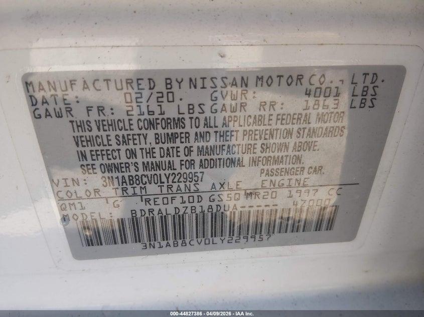 2020 Nissan Sentra VIN 3N1AB8CV0LY229957 IAAI salvage auction — FRONT END, Salvage (West Virginia), sold $2,075 on 2026-07-22 (photo 9)