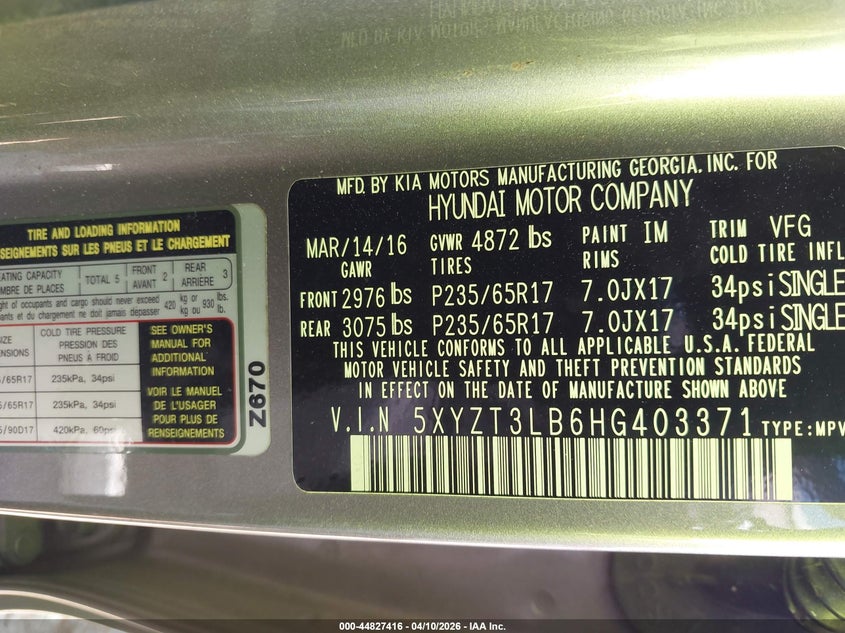 2017 Hyundai Santa fe VIN 5XYZT3LB6HG403371 IAAI salvage auction — LEFT REAR, Salvage Title, sold $2,975 on 2026-07-13 (photo 9)