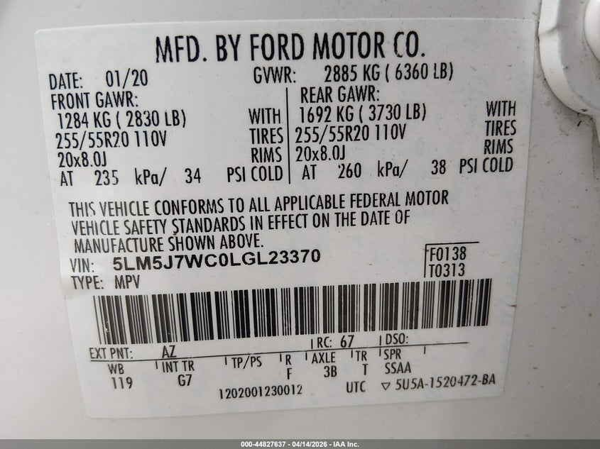 2020 Lincoln Aviator VIN 5LM5J7WC0LGL23370 IAAI salvage auction — LEFT SIDE, Wait Title, sold $7,800 on 2026-07-21 (photo 9)