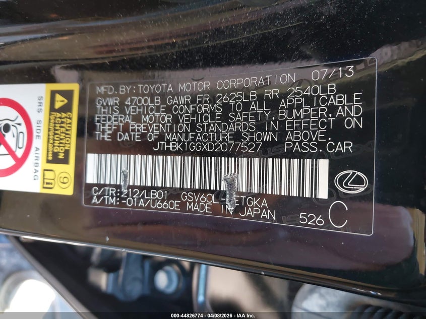 2013 Lexus VIN JTHBK1GGXD2077527 IAAI salvage auction — FRONT END, Salvage - Greater Than 75% (Maryland), sold $1,600 on 2026-07-15 (photo 9)