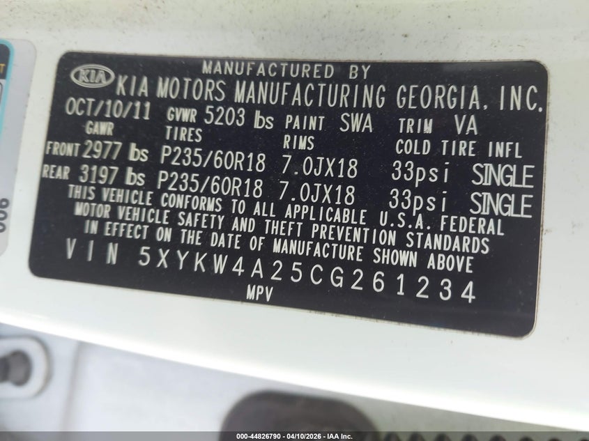 2012 Kia Sorento VIN 5XYKW4A25CG261234 IAAI salvage auction — FRONT END, Salvage (Georgia), sold $675 on 2026-07-14 (photo 9)