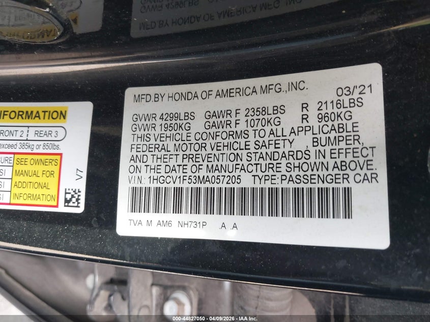 2021 Honda Accord VIN 1HGCV1F53MA057205 IAAI salvage auction — RIGHT SIDE, Certificate Of Destruction (Florida), sold $3,850 on 2026-07-23 (photo 9)