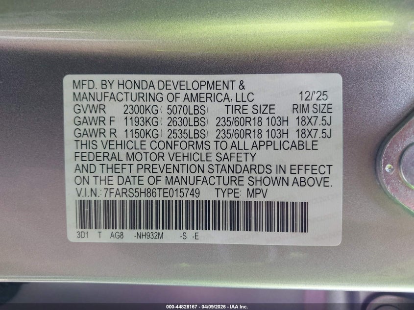 2026 Honda Cr-v VIN 7FARS5H86TE015749 IAAI salvage auction — FRONT & REAR, Original (Texas), sold $16,525 on 2026-07-15 (photo 9)