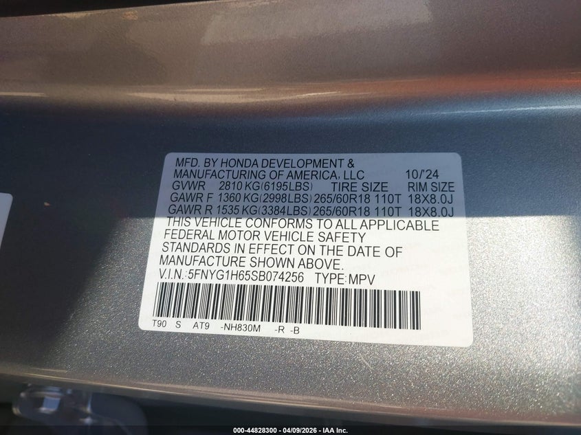 2025 Honda Pilot VIN 5FNYG1H65SB074256 IAAI salvage auction — FRONT END, Salvage - 75% Or Less (Maryland), sold $18,800 on 2026-08-20 (photo 9)