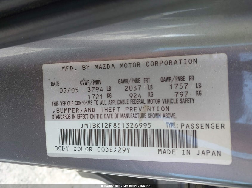 2005 Mazda 3 VIN JM1BK12F851326995 IAAI salvage auction — RIGHT SIDE, Salvage (Georgia), sold $200 on 2026-07-14 (photo 9)