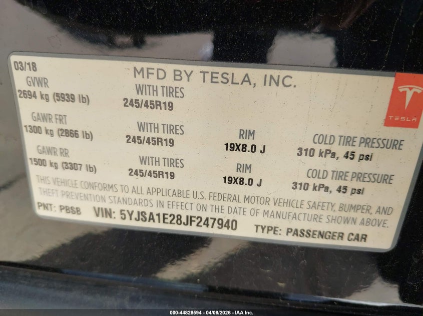 2018 Tesla Model s VIN 5YJSA1E28JF247940 IAAI salvage auction — RIGHT FRONT, Original (Texas), sold $8,900 on 2026-07-07 (photo 9)