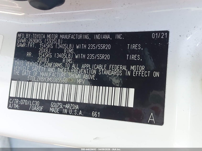 2021 Toyota Highlander VIN 5TDLZRBH3MS085560 IAAI salvage auction — FRONT & REAR, Salvage Title, sold $20,550 on 2026-07-07 (photo 9)