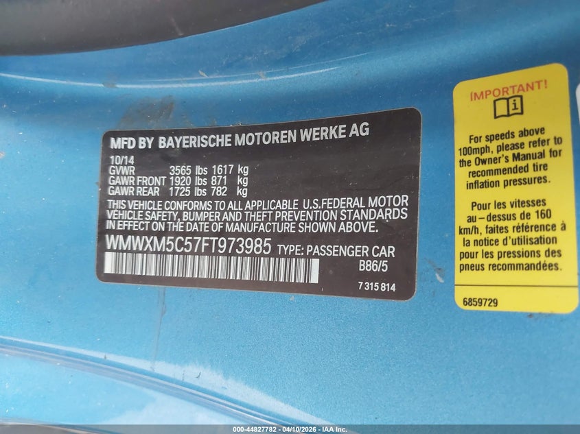 2015 Mini Hard top VIN WMWXM5C57FT973985 IAAI salvage auction — FRONT END, Original (Texas), sold $625 on 2026-07-22 (photo 9)