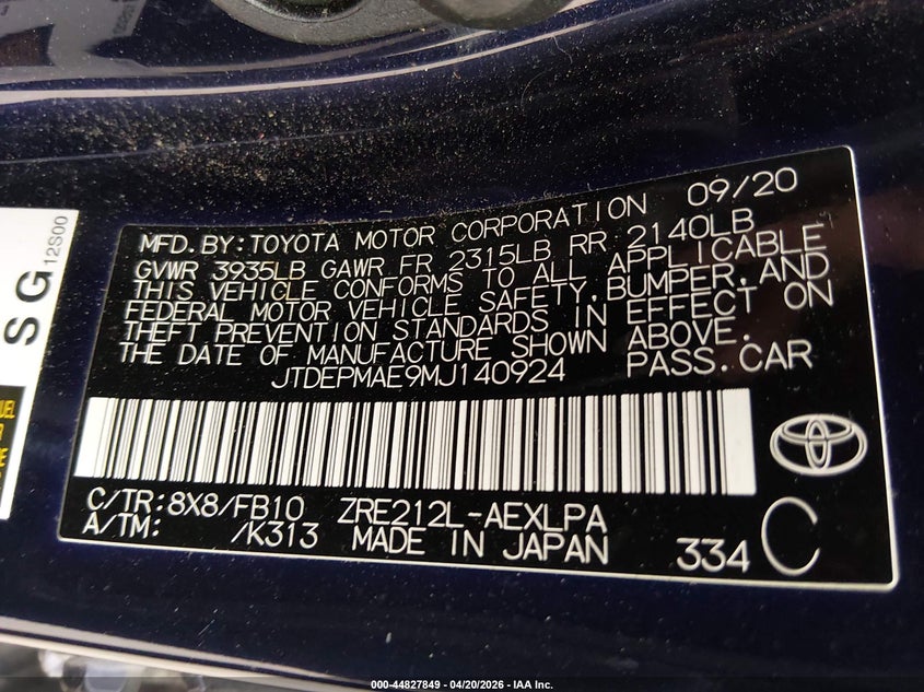 2021 Toyota Corolla VIN JTDEPMAE9MJ140924 IAAI salvage auction — FRONT END, Original (Texas), sold $5,650 on 2026-07-16 (photo 9)