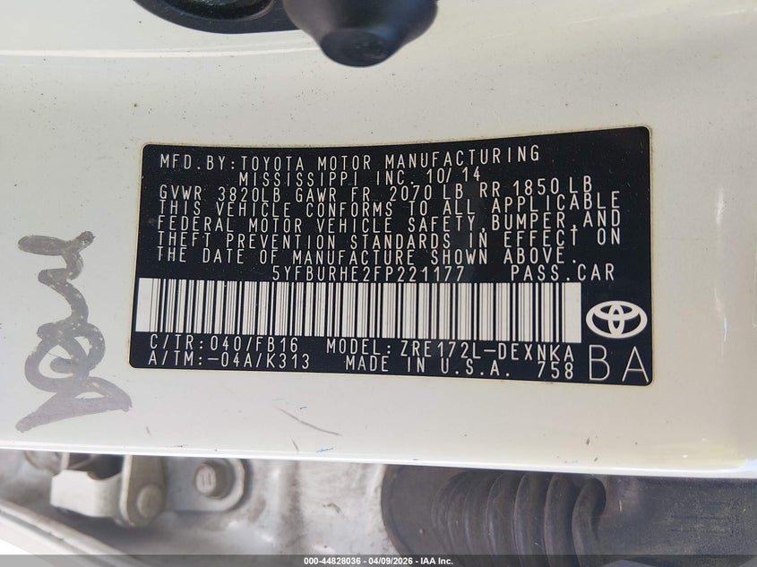 2015 Toyota Corolla VIN 5YFBURHE2FP221177 IAAI salvage auction — RIGHT FRONT, Salvage Title, sold $900 on 2026-07-16 (photo 9)