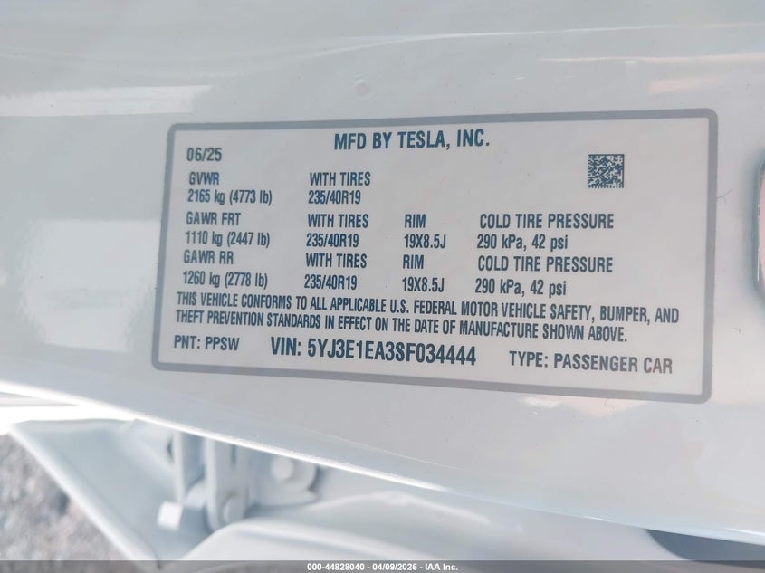 2025 Tesla Model 3 VIN 5YJ3E1EA3SF034444 IAAI salvage auction — UNDERCARRIAGE, Salvage Title, sold $13,100 on 2026-07-26 (photo 9)
