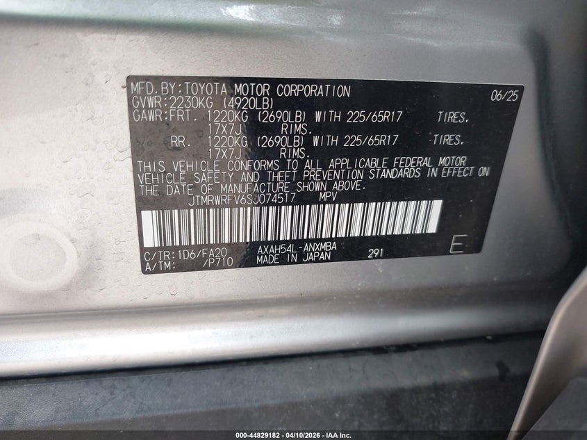 2025 Toyota Rav 4 VIN JTMRWRFV6SJ074517 IAAI salvage auction — FRONT & REAR, Salvage (Texas), sold $10,250 on 2026-07-13 (photo 9)