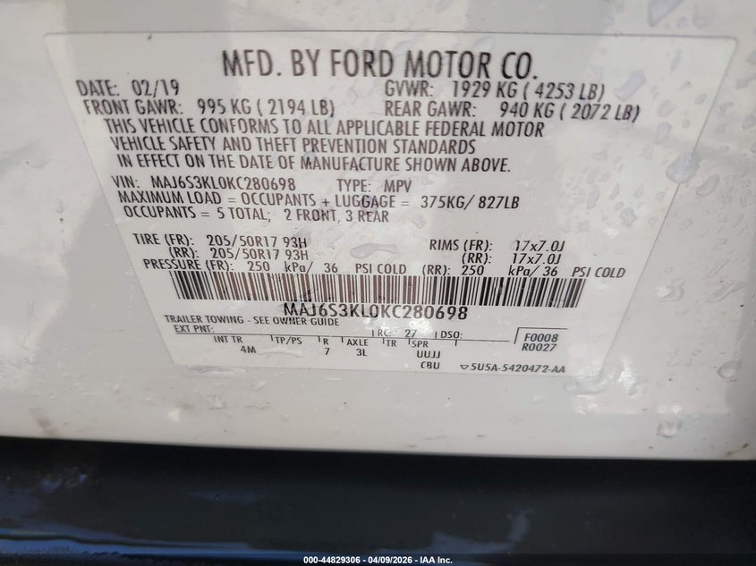 2019 Ford Ecosport VIN MAJ6S3KL0KC280698 IAAI salvage auction — REAR END, Salvage - Greater Than 75% (Maryland), sold $1,800 on 2026-07-16 (photo 9)