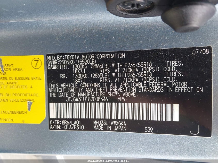 2008 Lexus Rx VIN JTJGW31U182008346 IAAI salvage auction — LEFT REAR, Rebuildable (Florida), sold $1,350 on 2026-07-08 (photo 9)