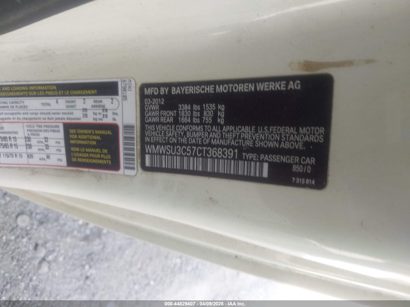 2012 Mini Cooper VIN WMWSU3C57CT368391 IAAI salvage auction — FRONT & REAR, Salvage (Indiana), sold $275 on 2026-08-12 (photo 9)